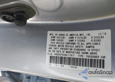 2017 Honda Accord Sport from USA, damaged, VIN 1HGCR2F65HA117817